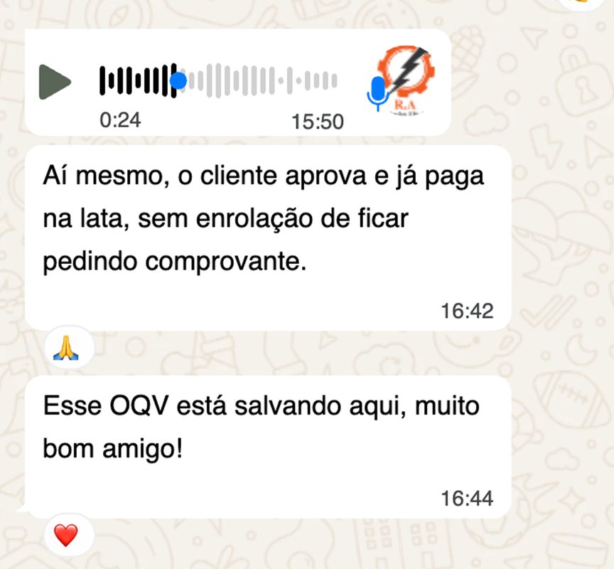 Print real de conversa no WhatsApp de um cliente elogiando o orçamento feito pela OQV