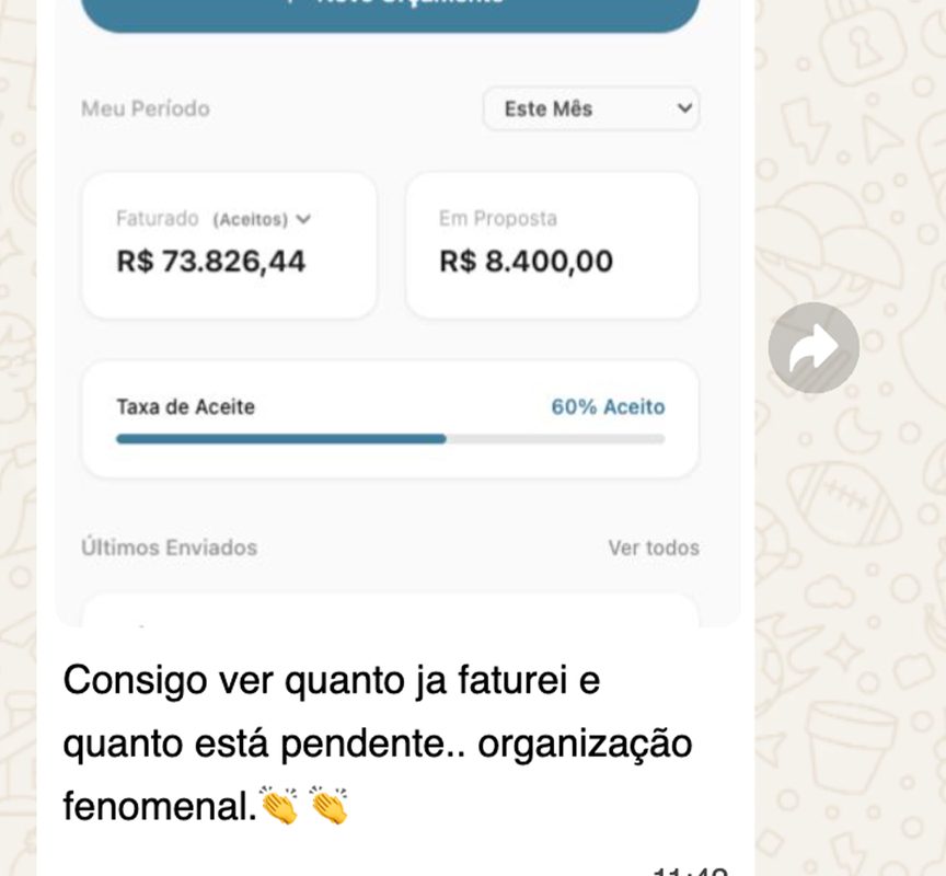 Print real de conversa no WhatsApp de um cliente elogiando o orçamento feito pela OQV