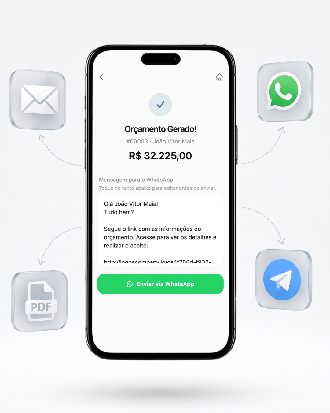 Preview no celular do cliente, com as opções de envio